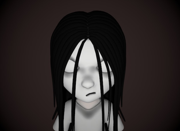 spaventoso personaggio dei cartoni animati horror ragazza con i capelli neri 3d-rendering.