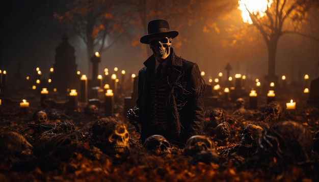 Spaventoso uomo zombie nel cimitero di notte Concetto di Halloween