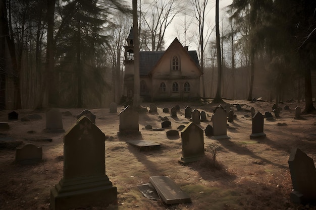 Spaventoso vecchio cimitero abbandonato e chiesa nel bosco in un giorno autunnale nuvoloso rete neurale