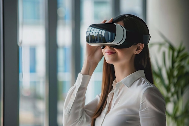 Spazi di lavoro futuristici Donne d'affari che utilizzano un auricolare VR Tecnologia VR