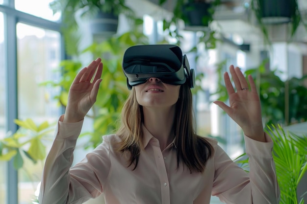 Spazi di lavoro futuristici Donne d'affari che utilizzano un auricolare VR Tecnologia VR