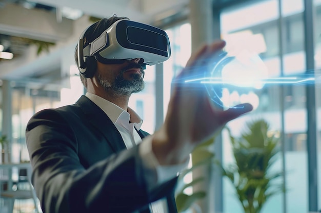 Spazi di lavoro futuristici Imprenditore che utilizza un auricolare VR Tecnologia VR