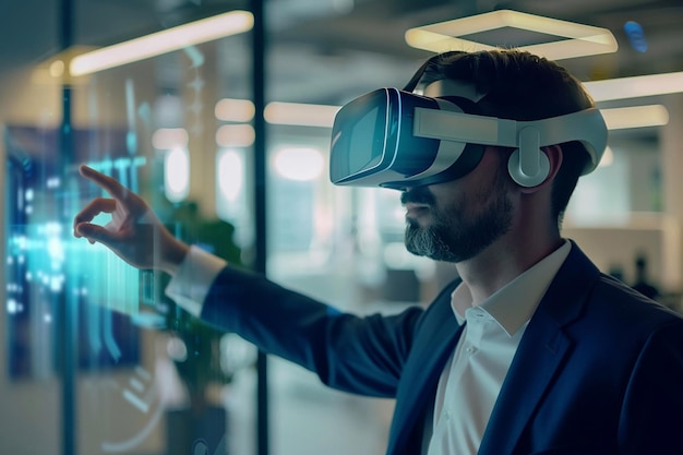 Spazi di lavoro futuristici Imprenditore che utilizza un auricolare VR Tecnologia VR