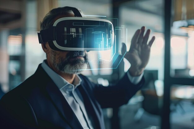 Spazi di lavoro futuristici Imprenditore che utilizza un auricolare VR Tecnologia VR