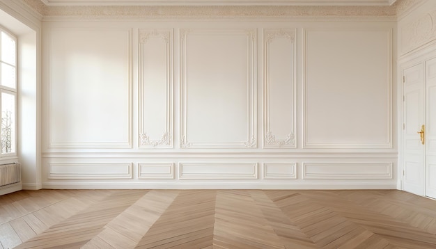 Spazio aperto di interior design stanza vuota con pareti bianche con stucco e pavimento in parquet