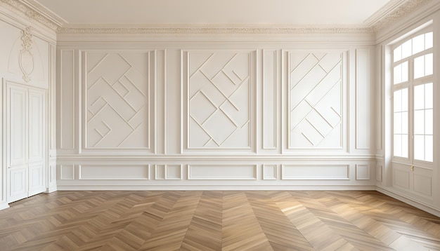 Spazio aperto di interior design stanza vuota con pareti bianche con stucco e pavimento in parquet