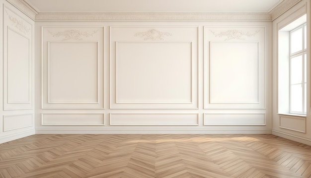 Spazio aperto di interior design stanza vuota con pareti bianche con stucco e pavimento in parquet