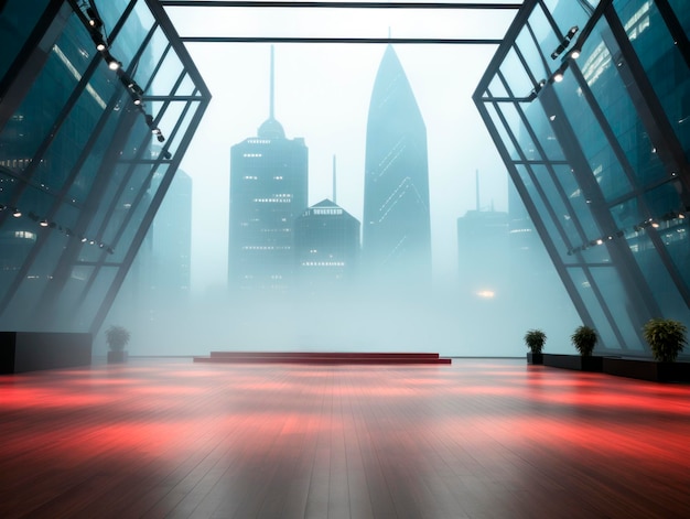 Spazio aperto in una città con edifici e mockup di nebbia AI generativa