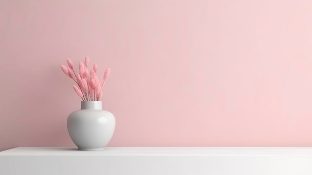 Spazio di copia a parete rosa neutrale Stanza vuota monocromatica con vaso e tavolo minimalisti Prodotto di mockup di scena a parete per vetrina Sfondi promozionali AI generativa