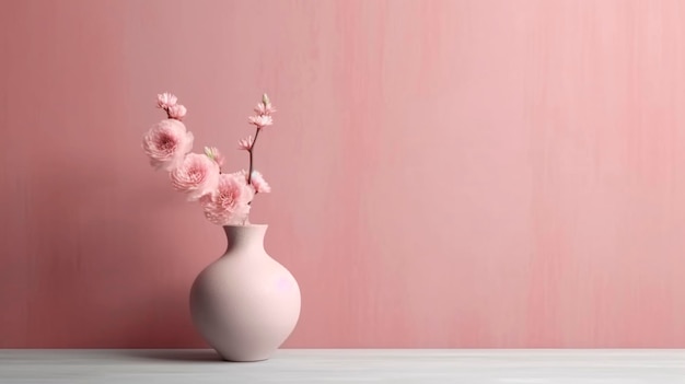 Spazio di copia a parete rosa neutrale Stanza vuota monocromatica con vaso e tavolo minimalisti Prodotto di mockup di scena a parete per vetrina Sfondi promozionali AI generativa