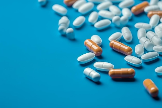 Spazio di copia Capsule di pillole farmaceutiche assortite su sfondo blu