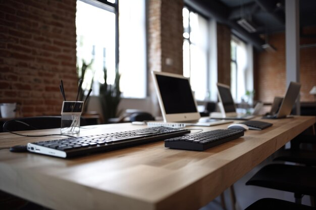 Spazio di coworking con primo piano della tastiera e del mouse del laptop creato con l'IA generativa