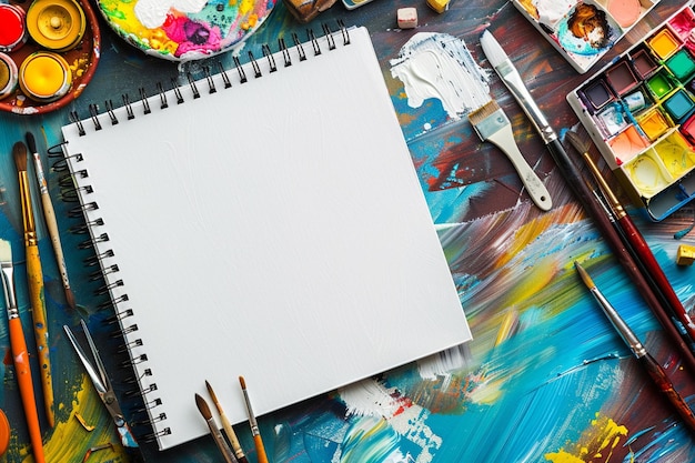 Spazio di lavoro artistico con quaderno di schizzi vuoto