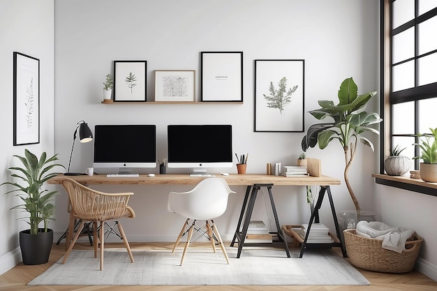 Spazio di lavoro Bliss Home Office Mockup con pareti bianche bianche