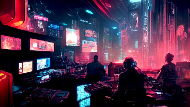 spazio di lavoro cyberpunk nella città alta