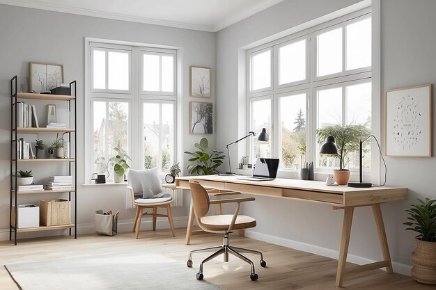 Spazio di lavoro di ispirazione scandinava con scrivania pulita e luce naturale