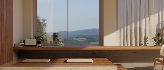 Spazio di lavoro domestico accogliente e minimale con spazio per la copia su un lungo tavolo di legno contro la finestra
