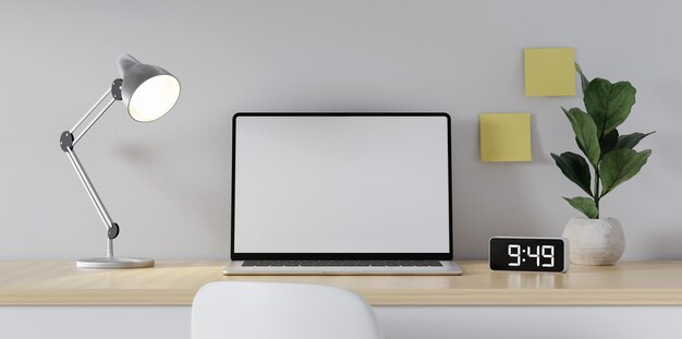 Spazio di lavoro in ufficio a casa Monitor a schermo bianco su scrivania moderna Equipaggiamento su tavolo Concetto di ufficio moderno