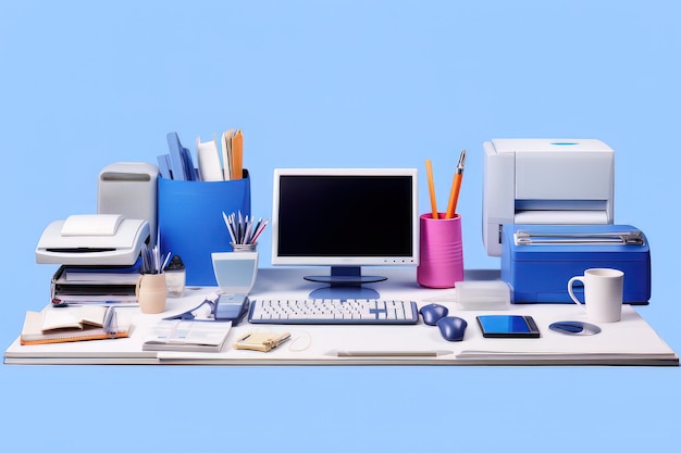 Spazio di lavoro in ufficio su sfondo blu