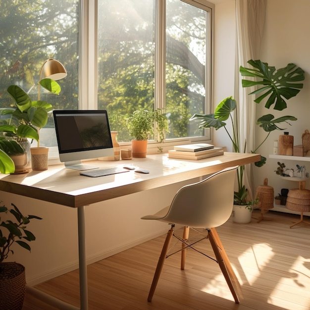 Spazio di lavoro minimalista a casa con luce naturale