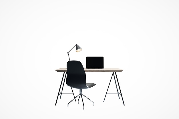 Spazio di lavoro minimalista con mobili moderni su sfondo bianco Rendering 3D