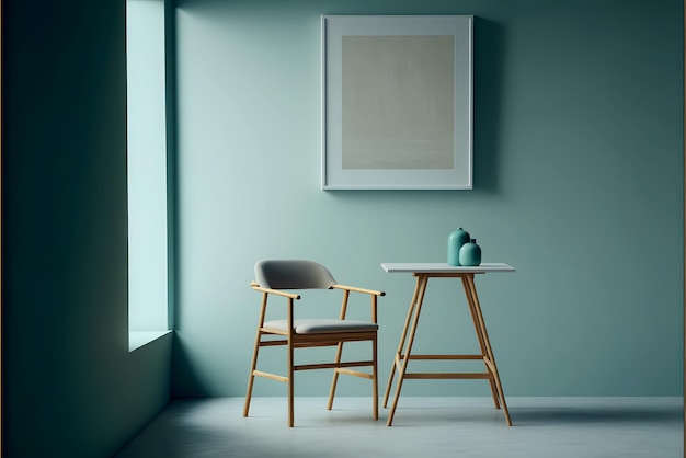 Spazio di lavoro minimalista con mockup di telaio a parete e sedia AI generativa, tavolo in camera