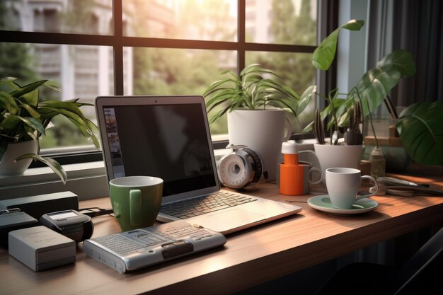 Spazio di lavoro moderno con computer tazza di caffè spazio di lavoro ufficio sala riunione coperchio del tavolo aperto computer portatile sfondo vuoto Ai generato