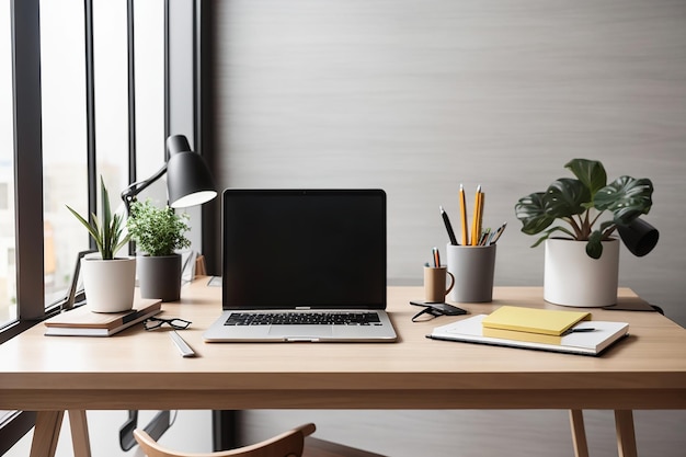 Spazio di lavoro moderno e minimale con cancelleria per mockup di notebook e decorazioni sul tavolo di legno