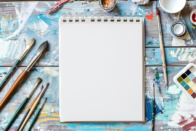 Spazio di lavoro per artisti con quaderno di disegni e attrezzature per la vernice