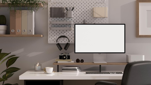 Spazio di lavoro per ufficio moderno o interni home studio con mockup di computer e decorazioni sul tavolo