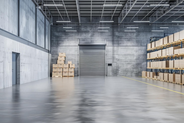 Foto spazio di magazzino industriale vuoto con spazio di copia per il testo