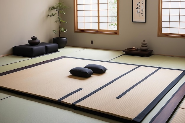 Spazio di meditazione zen giapponese con pavimento di tatami che crea un tranquillo ritiro per la consapevolezza