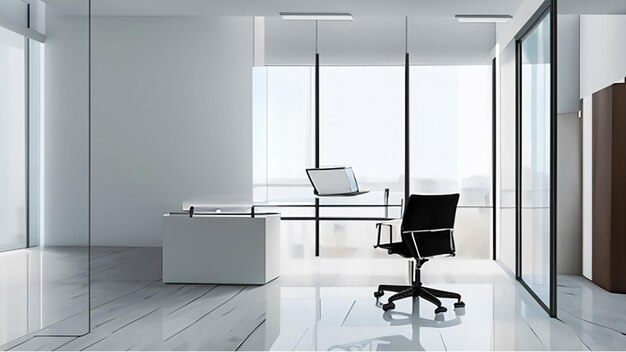 Spazio di ufficio moderno e luminoso con scrivania di vetro e sedia da ufficio ergonomica per il direttore dell'azienda