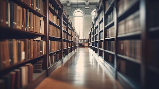 Spazio interno della biblioteca offuscata con scaffali per libri