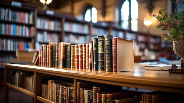 Spazio interno vuoto della biblioteca universitaria e scaffali per libri con effetto sfocato Aula sfocata