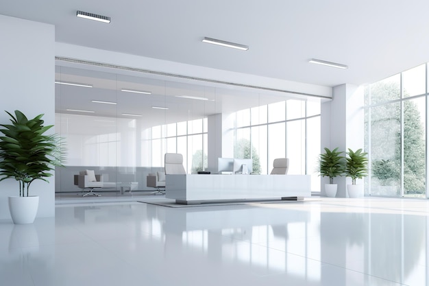 Spazio per uffici bianco moderno e invitante con un modello di parete Generative Ai