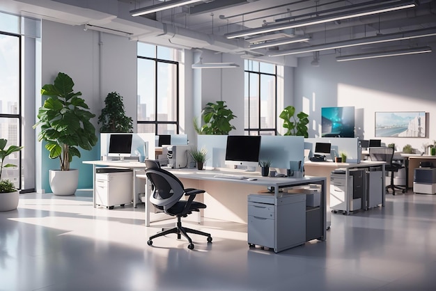 Spazio per uffici moderni con desktop con computer moderni creati con tecnologia generativa AI