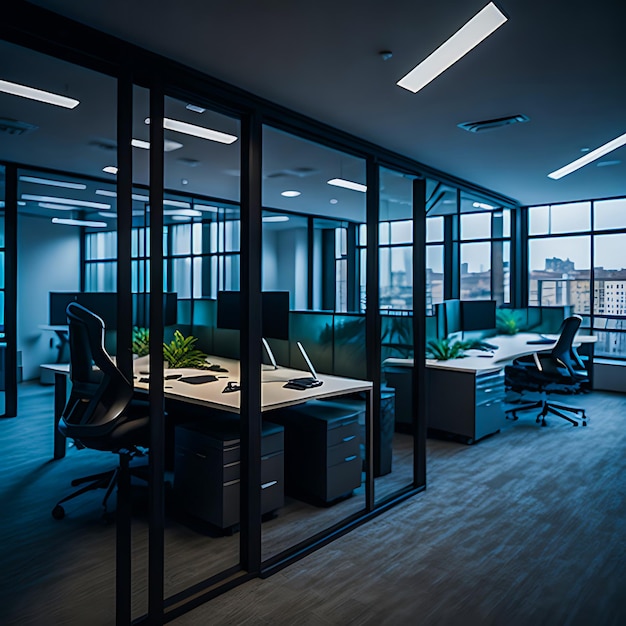 Spazio per uffici moderni con partizioni di vetro eleganti, workstation ergonomiche e epiche, IA generativa