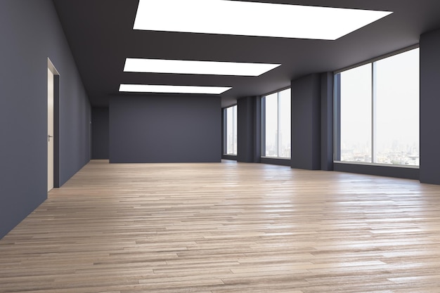 Spazio per uffici nero bianco parete nera bianca sullo sfondo finestre panoramiche pavimento in legno soffitto nero Mockup