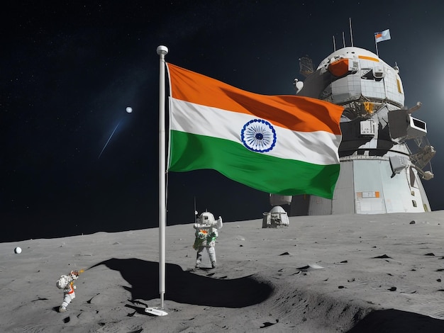 spazio profondo un astronauta dell'ISRO in piedi sulla luna con la bandiera indiana e guardando il pianeta Terra fotorealistico 8k