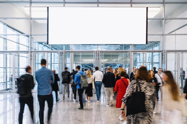 Spazio pubblicitario vuoto in occasione di fiere o congressi su molte persone anonime