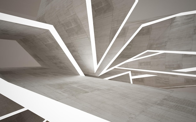 Spazio pubblico multilivello interno astratto in cemento e legno con finestra. Illustrazione 3D e rendering