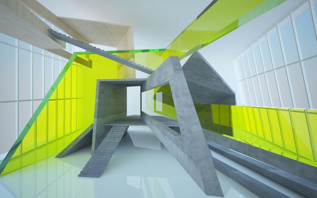 Spazio pubblico multilivello interno astratto in cemento e legno con illustrazione 3D di illuminazione al neon