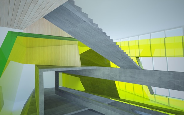 Spazio pubblico multilivello interno astratto in cemento e legno con illustrazione 3D di illuminazione al neon
