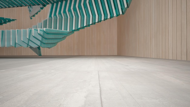 Spazio pubblico multilivello interno astratto in cemento e legno con illustrazione e rendering 3D della finestra