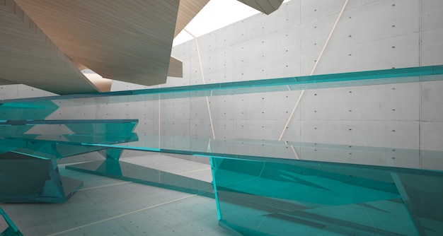 Spazio pubblico multilivello interno astratto in cemento e legno con illustrazione e rendering 3D della finestra