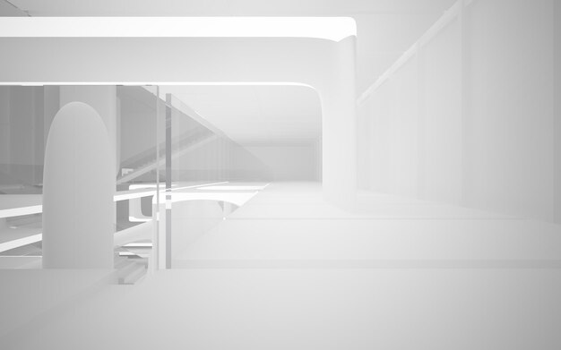 Spazio pubblico multilivello interno bianco astratto con finestra. Illustrazione e rendering 3D.