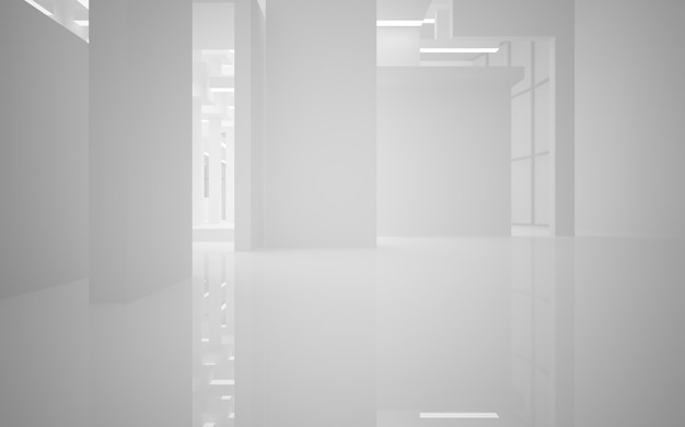 Spazio pubblico multilivello interno bianco astratto con illustrazione e rendering 3D della finestra