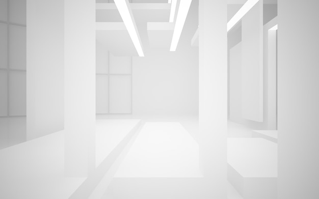 Spazio pubblico multilivello interno bianco astratto con illustrazione e rendering 3D della finestra