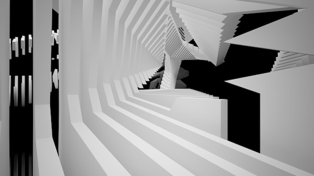 Spazio pubblico multilivello interno bianco e nero astratto con illustrazione 3D della finestra